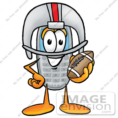 #26582 Clip Art Graphic of a Gray Cell Phone Cartoon Character in a Helmet, Holding a Football by toons4biz
