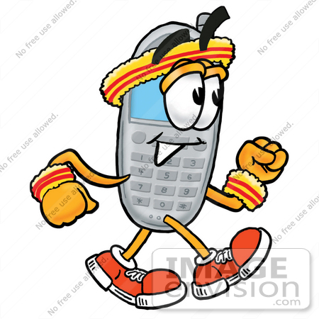 #26584 Clip Art Graphic of a Gray Cell Phone Cartoon Character Speed Walking or Jogging by toons4biz