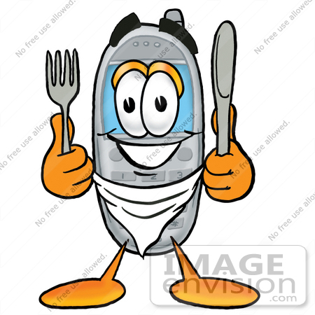 #26586 Clip Art Graphic of a Gray Cell Phone Cartoon Character Holding a Knife and Fork by toons4biz