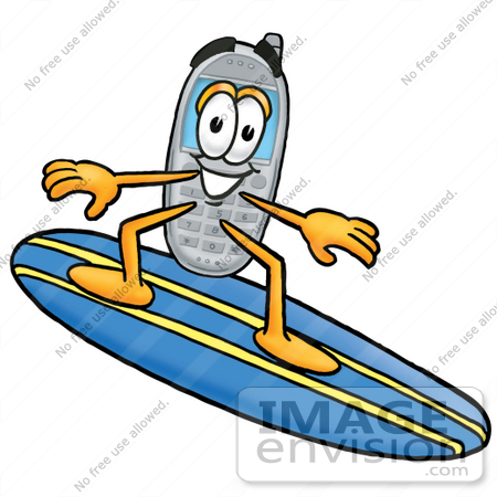 #26587 Clip Art Graphic of a Gray Cell Phone Cartoon Character Surfing on a Blue and Yellow Surfboard by toons4biz