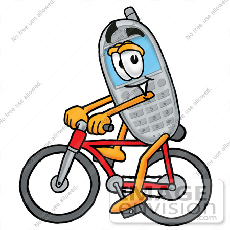 #26589 Clip Art Graphic of a Gray Cell Phone Cartoon Character Riding a Bicycle by toons4biz