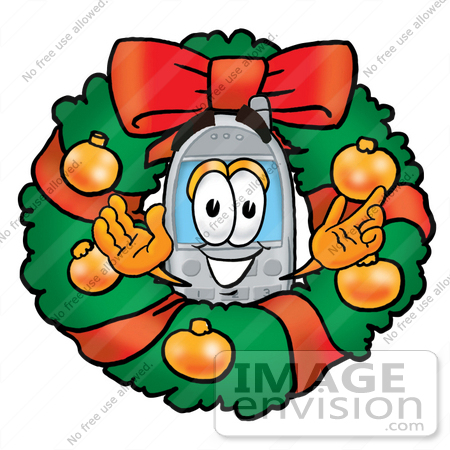 #26590 Clip Art Graphic of a Gray Cell Phone Cartoon Character in the Center of a Christmas Wreath by toons4biz