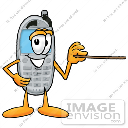 #26592 Clip Art Graphic of a Gray Cell Phone Cartoon Character Holding a Pointer Stick by toons4biz