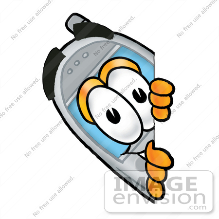 #26593 Clip Art Graphic of a Gray Cell Phone Cartoon Character Peeking Around a Corner by toons4biz
