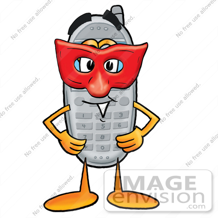 #26594 Clip Art Graphic of a Gray Cell Phone Cartoon Character Wearing a Red Mask Over His Face by toons4biz