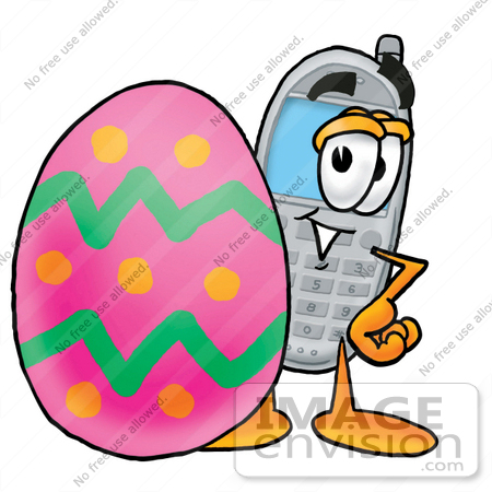 #26597 Clip Art Graphic of a Gray Cell Phone Cartoon Character Standing Beside an Easter Egg by toons4biz