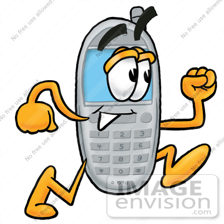 #26598 Clip Art Graphic of a Gray Cell Phone Cartoon Character Running by toons4biz