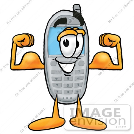 #26599 Clip Art Graphic of a Gray Cell Phone Cartoon Character Flexing His Arm Muscles by toons4biz