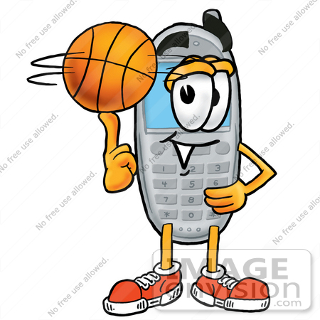 #26600 Clip Art Graphic of a Gray Cell Phone Cartoon Character Spinning a Basketball on His Finger by toons4biz