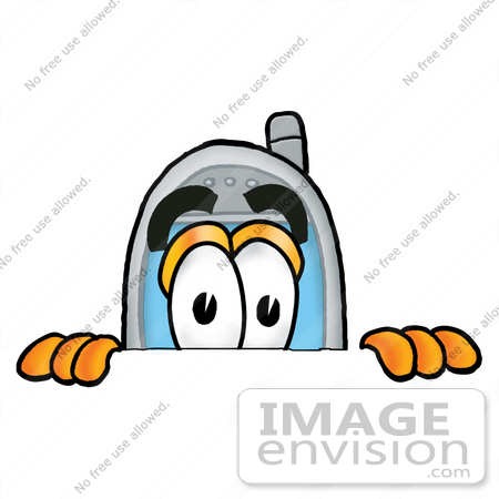 #26601 Clip Art Graphic of a Gray Cell Phone Cartoon Character Peeking Over a Surface by toons4biz