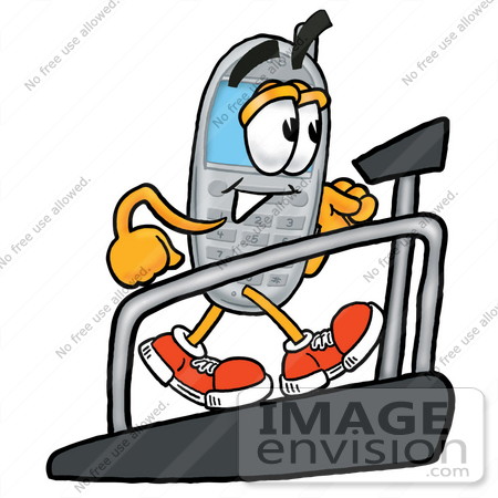 #26602 Clip Art Graphic of a Gray Cell Phone Cartoon Character Walking on a Treadmill in a Fitness Gym by toons4biz