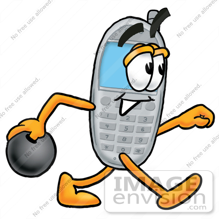 #26604 Clip Art Graphic of a Gray Cell Phone Cartoon Character Holding a Bowling Ball by toons4biz