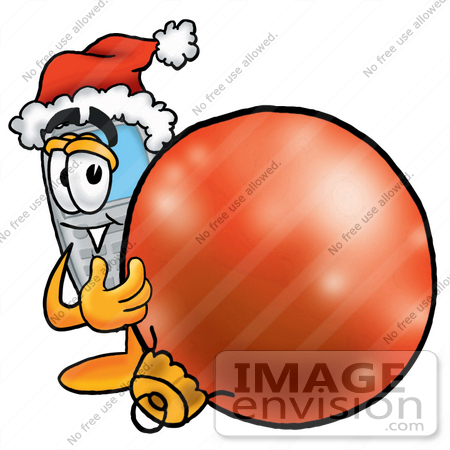 #26605 Clip Art Graphic of a Gray Cell Phone Cartoon Character Wearing a Santa Hat, Standing With a Christmas Bauble by toons4biz