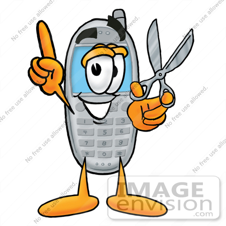 #26607 Clip Art Graphic of a Gray Cell Phone Cartoon Character Holding a Pair of Scissors by toons4biz