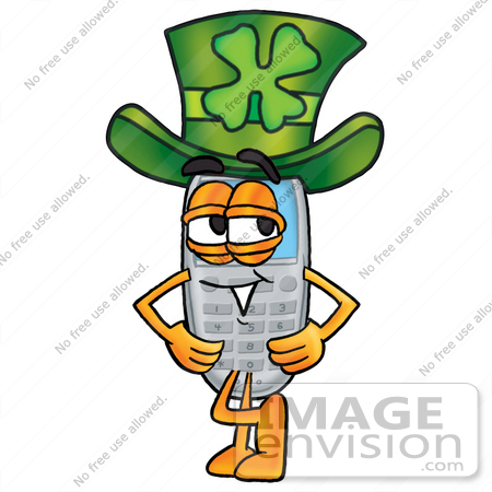 #26608 Clip Art Graphic of a Gray Cell Phone Cartoon Character Wearing a Saint Patricks Day Hat With a Clover on it by toons4biz