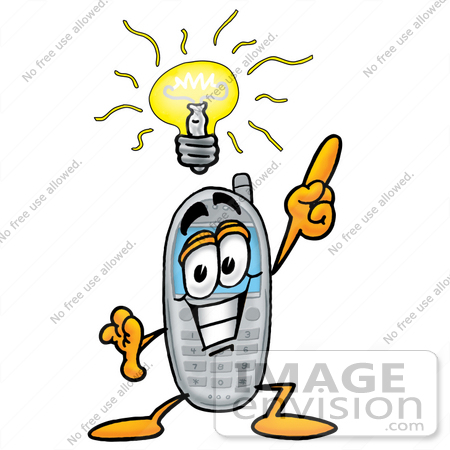 #26612 Clip Art Graphic of a Gray Cell Phone Cartoon Character With a Bright Idea by toons4biz