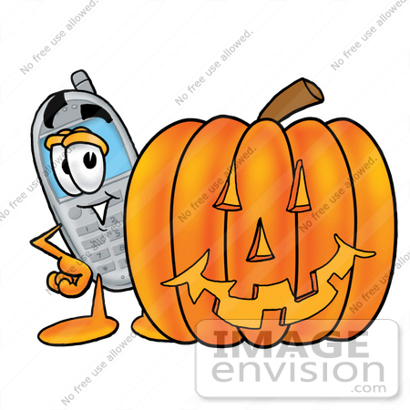 #26613 Clip Art Graphic of a Gray Cell Phone Cartoon Character With a Carved Halloween Pumpkin by toons4biz