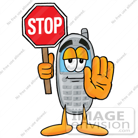 #26614 Clip Art Graphic of a Gray Cell Phone Cartoon Character Holding a Stop Sign by toons4biz