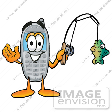#26616 Clip Art Graphic of a Gray Cell Phone Cartoon Character Holding a Fish on a Fishing Pole by toons4biz
