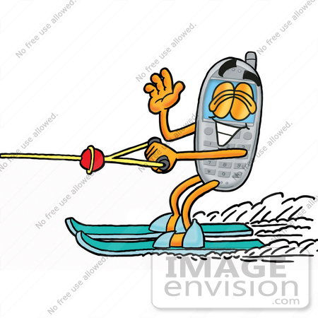 #26617 Clip Art Graphic of a Gray Cell Phone Cartoon Character Waving While Water Skiing by toons4biz