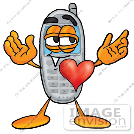 #26619 Clip Art Graphic of a Gray Cell Phone Cartoon Character With His Heart Beating Out of His Chest by toons4biz