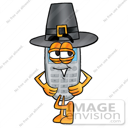 #26620 Clip Art Graphic of a Gray Cell Phone Cartoon Character Wearing a Pilgrim Hat on Thanksgiving by toons4biz