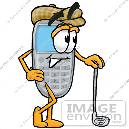 #26622 Clip Art Graphic of a Gray Cell Phone Cartoon Character Leaning on a Golf Club While Golfing by toons4biz