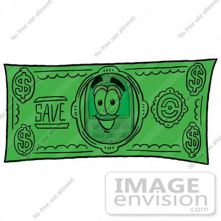 #26625 Clip Art Graphic of a Gray Cell Phone Cartoon Character on a Dollar Bill by toons4biz