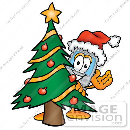 #26626 Clip Art Graphic of a Gray Cell Phone Cartoon Character Waving and Standing by a Decorated Christmas Tree by toons4biz