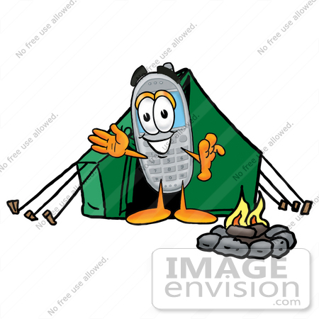 #26630 Clip Art Graphic of a Gray Cell Phone Cartoon Character Camping With a Tent and Fire by toons4biz