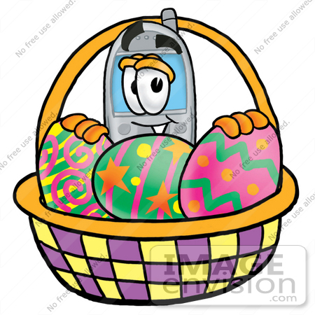 #26632 Clip Art Graphic of a Gray Cell Phone Cartoon Character in an Easter Basket Full of Decorated Easter Eggs by toons4biz