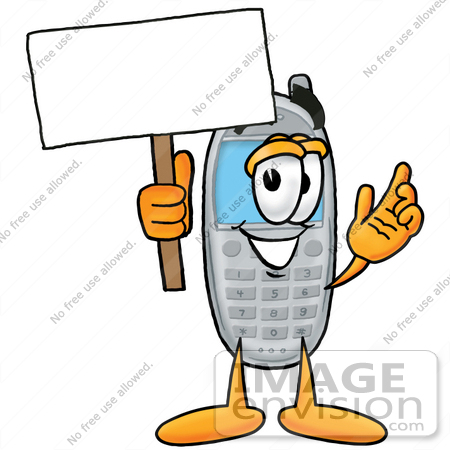 #26633 Clip Art Graphic of a Gray Cell Phone Cartoon Character Holding a Blank Sign by toons4biz