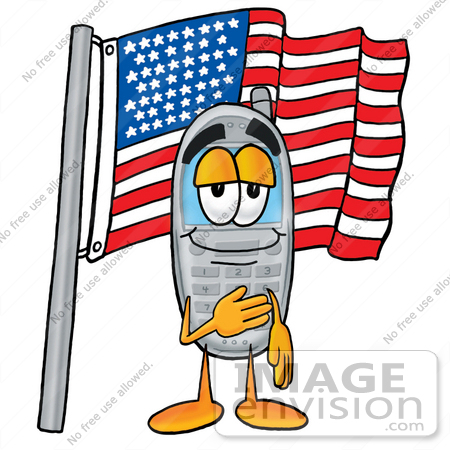 #26634 Clip Art Graphic of a Gray Cell Phone Cartoon Character Pledging Allegiance to an American Flag by toons4biz