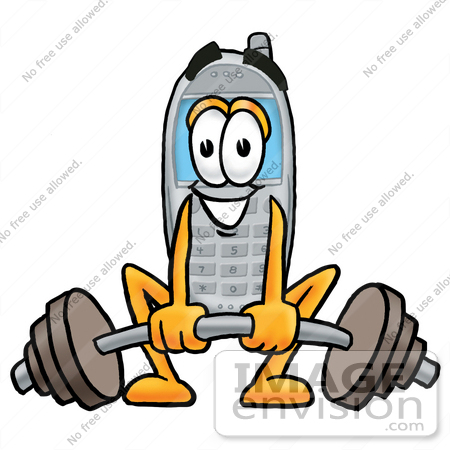 #26635 Clip Art Graphic of a Gray Cell Phone Cartoon Character Lifting a Heavy Barbell by toons4biz