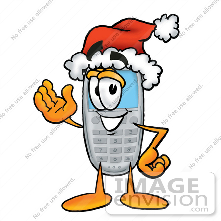 #26637 Clip Art Graphic of a Gray Cell Phone Cartoon Character Wearing a Santa Hat and Waving by toons4biz
