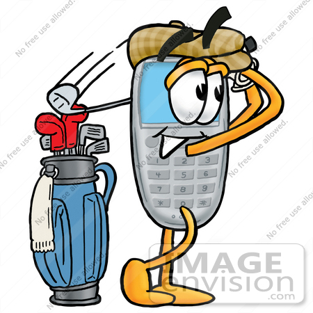 #26640 Clip Art Graphic of a Gray Cell Phone Cartoon Character Swinging His Golf Club While Golfing by toons4biz