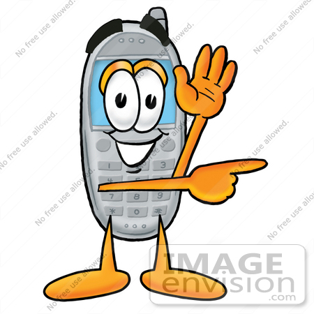 #26642 Clip Art Graphic of a Gray Cell Phone Cartoon Character Waving and Pointing by toons4biz