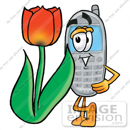 #26646 Clip Art Graphic of a Gray Cell Phone Cartoon Character With a Red Tulip Flower in the Spring by toons4biz