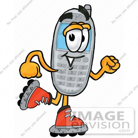 #26648 Clip Art Graphic of a Gray Cell Phone Cartoon Character Roller Blading on Inline Skates by toons4biz