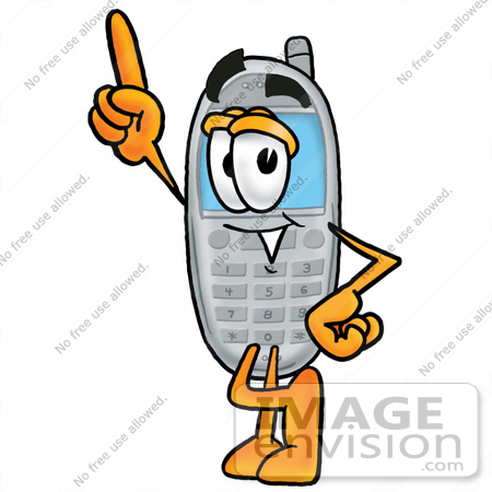 #26649 Clip Art Graphic of a Gray Cell Phone Cartoon Character Pointing Upwards by toons4biz