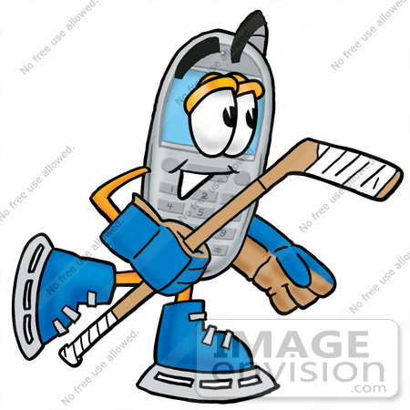 #26650 Clip Art Graphic of a Gray Cell Phone Cartoon Character Playing Ice Hockey by toons4biz