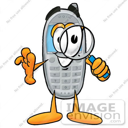 #26652 Clip Art Graphic of a Gray Cell Phone Cartoon Character Looking Through a Magnifying Glass by toons4biz