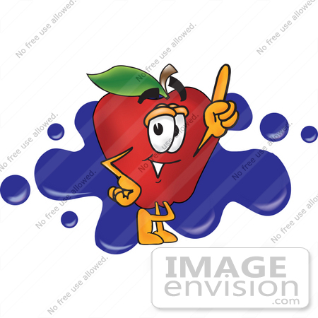 #26662 Clip art Graphic of a Red Apple Cartoon Character Logo With Blue Paint Splatters by toons4biz
