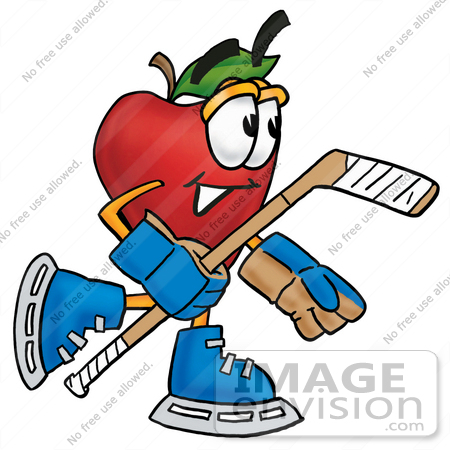 #26667 Clip art Graphic of a Red Apple Cartoon Character Playing Ice Hockey by toons4biz