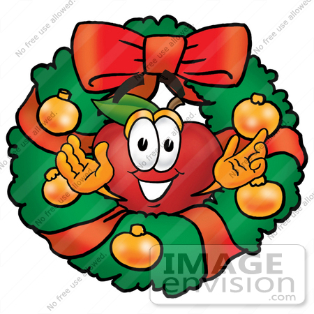 #26668 Clip art Graphic of a Red Apple Cartoon Character in the Center of a Christmas Wreath by toons4biz