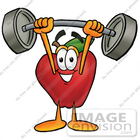 #26671 Clip art Graphic of a Red Apple Cartoon Character Holding a Heavy Barbell Above His Head by toons4biz