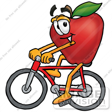 #26676 Clip art Graphic of a Red Apple Cartoon Character Riding a Bicycle by toons4biz