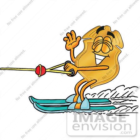 #26678 Clip art Graphic of a Gold Law Enforcement Police Badge Cartoon Character Waving While Water Skiing by toons4biz
