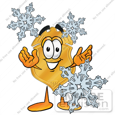 #26679 Clip art Graphic of a Gold Law Enforcement Police Badge Cartoon Character With Three Snowflakes in Winter by toons4biz