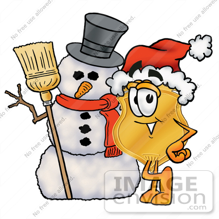 #26682 Clip art Graphic of a Gold Law Enforcement Police Badge Cartoon Character With a Snowman on Christmas by toons4biz
